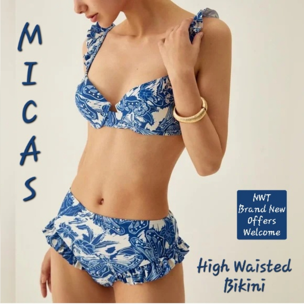 Blue and White Swirl Bikini Set with High Waisted Option